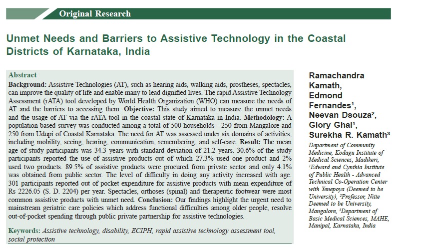 Unmet Needs and Barriers to Assistive Technology in the Coastal Districts of Karnataka, India
